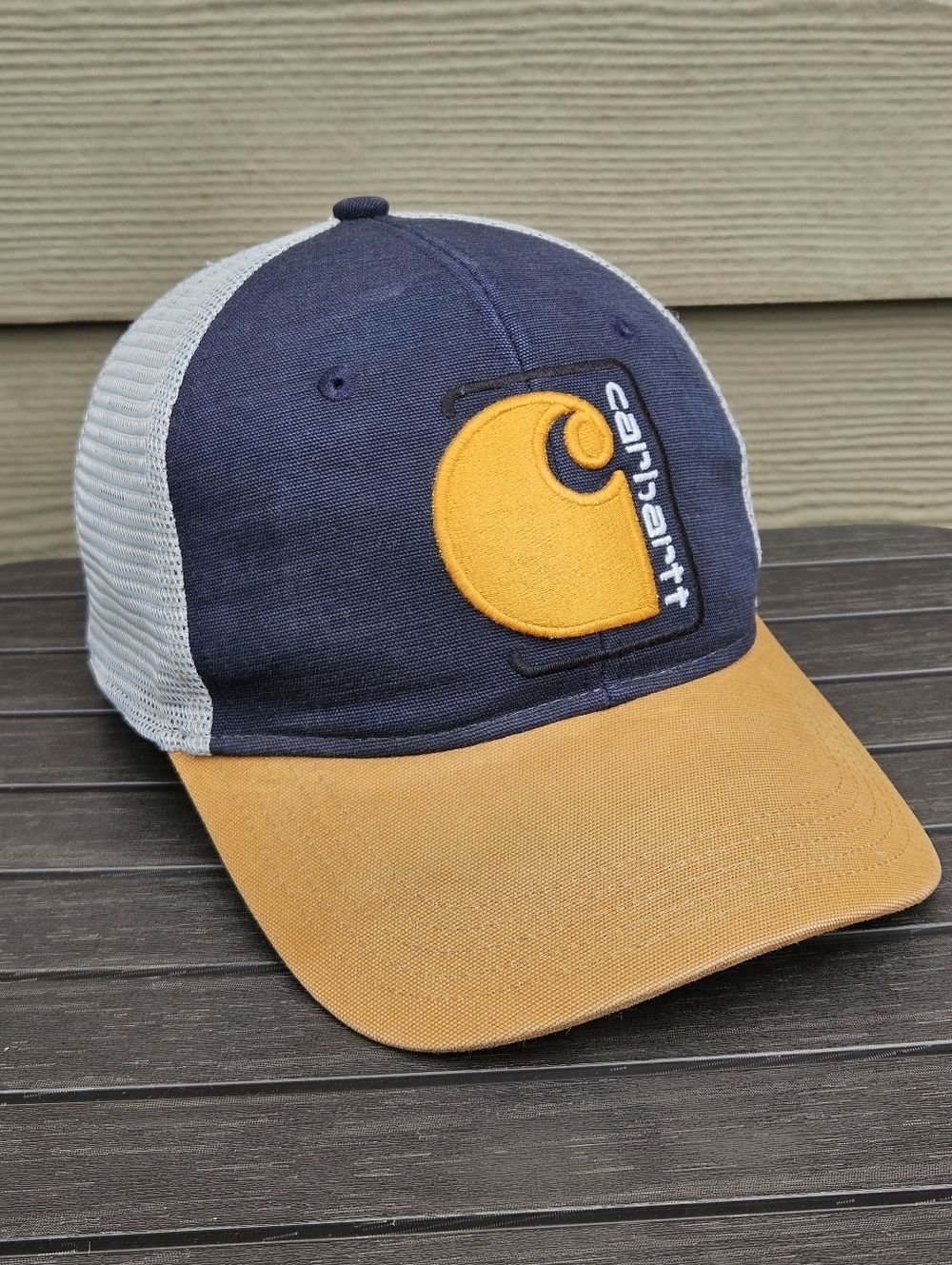 Carhartt Canvas Mesh-Back C Patch Cap Trucker Hat Navy Blue Brown Snapback EUC